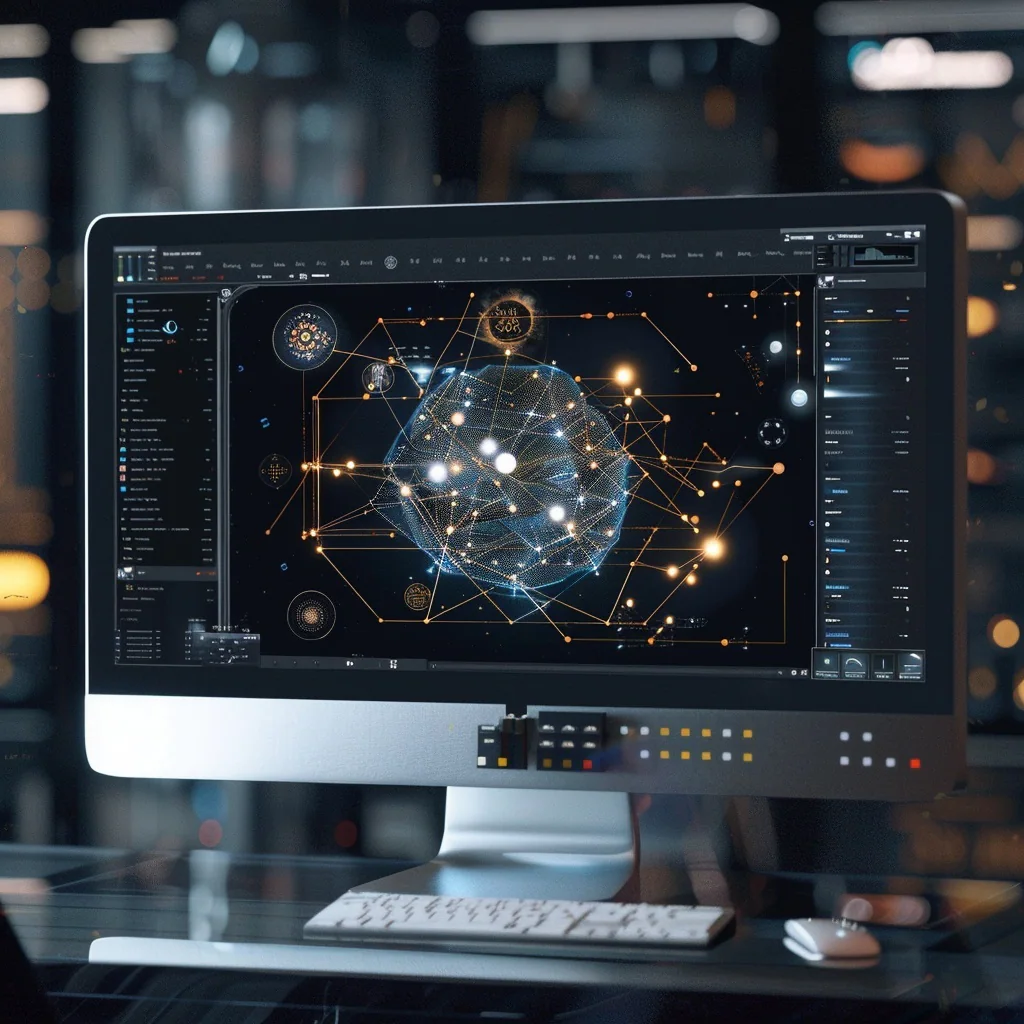 Desktop monitor showing a futuristic globe and data-mapping interface.