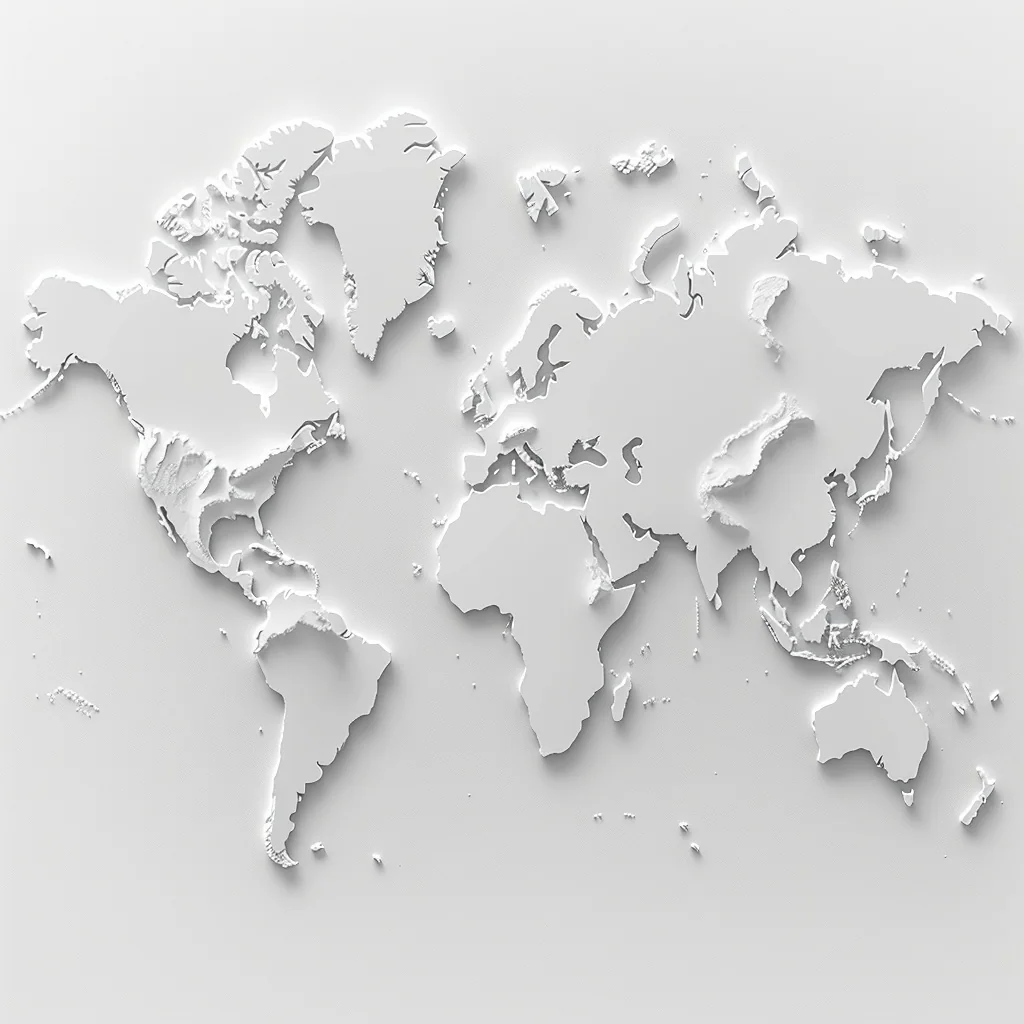 Raised white three-dimensional world map on a neutral ground.