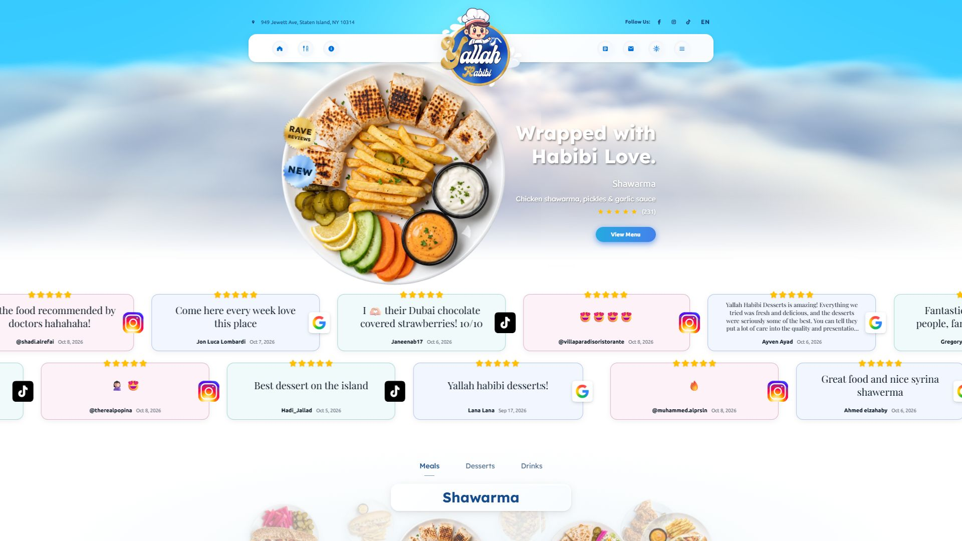 Yallah Habibi restaurant website with its food photography and menu navigation