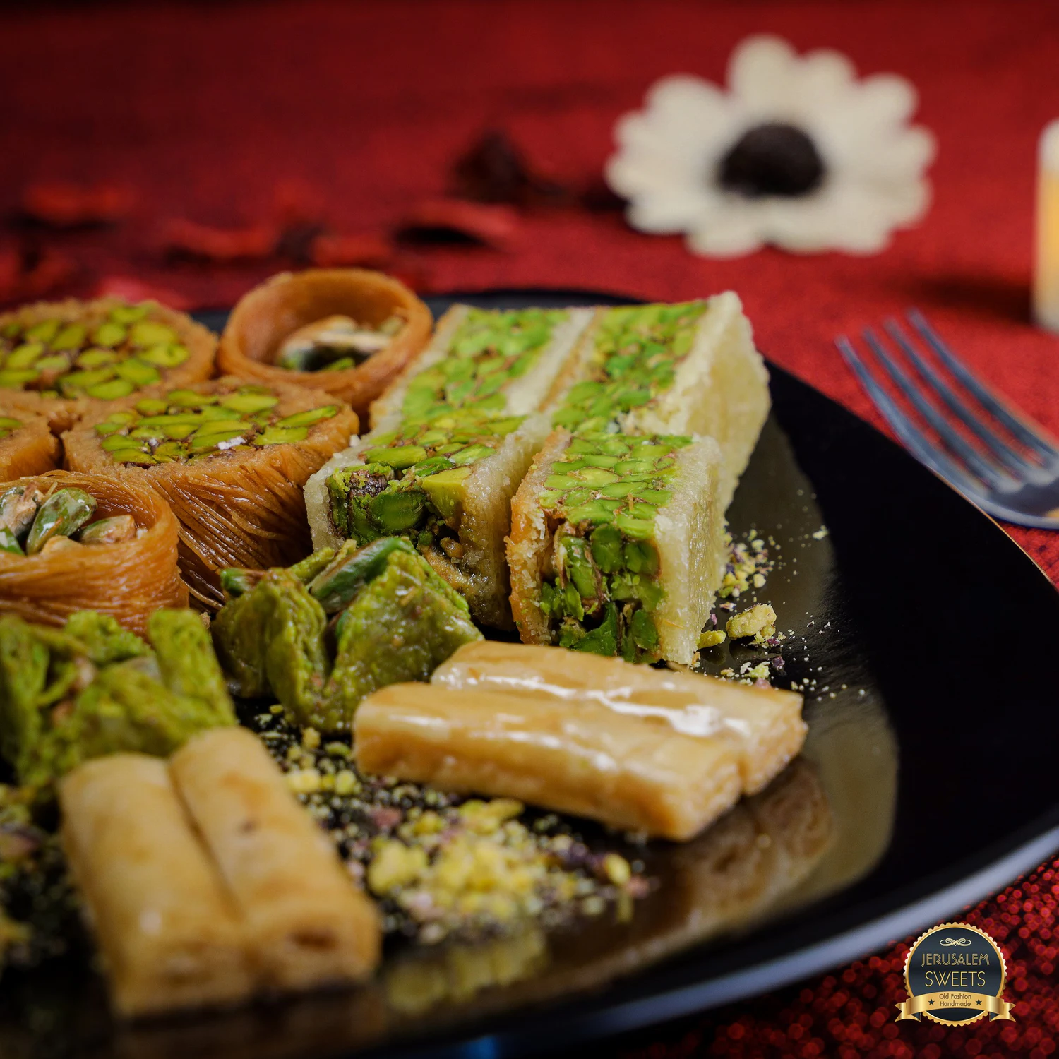 Assorted Jerusalem Sweets baklava arranged on a serving plate